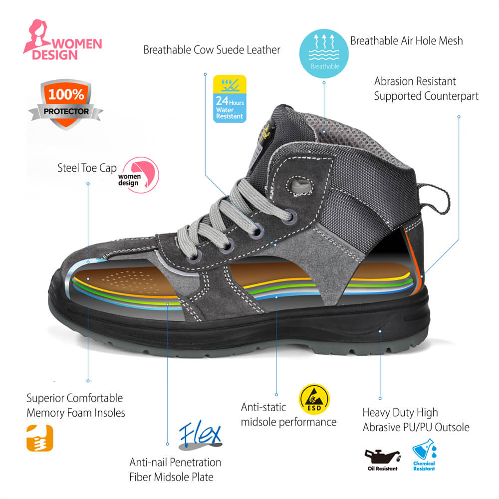 Womens Steel Toe Cap Sepatu Pekerjaan Keselamatan Terbaik Untuk Wanita M-8516W Suede