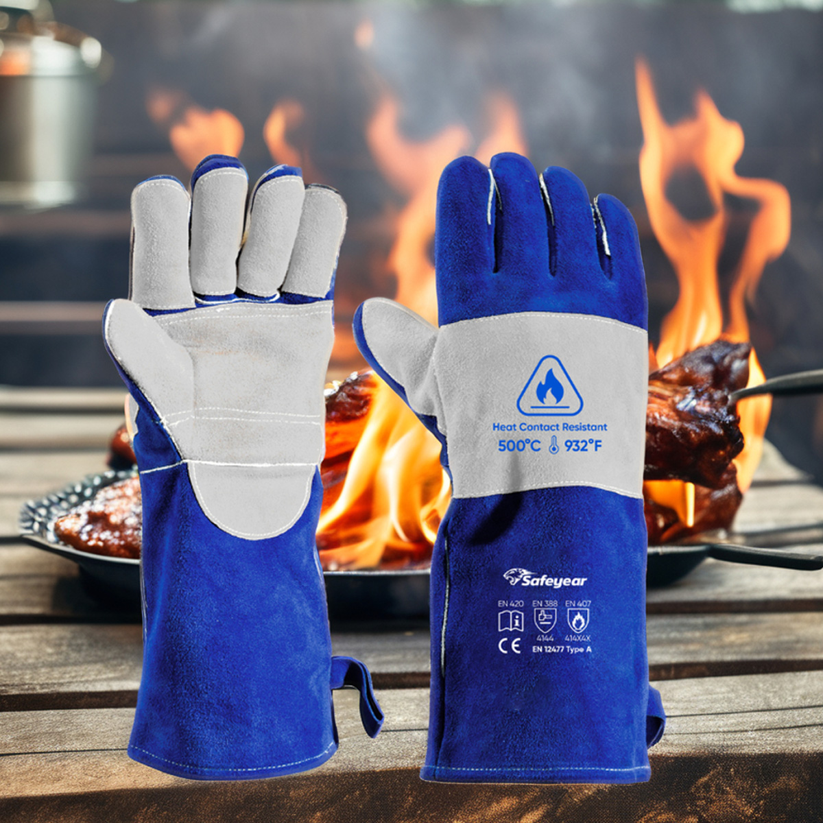Arc flash pelindung sarung tangan sarung tangan pengelasan kulit sapi kulit fl-1023 biru & abu-abu