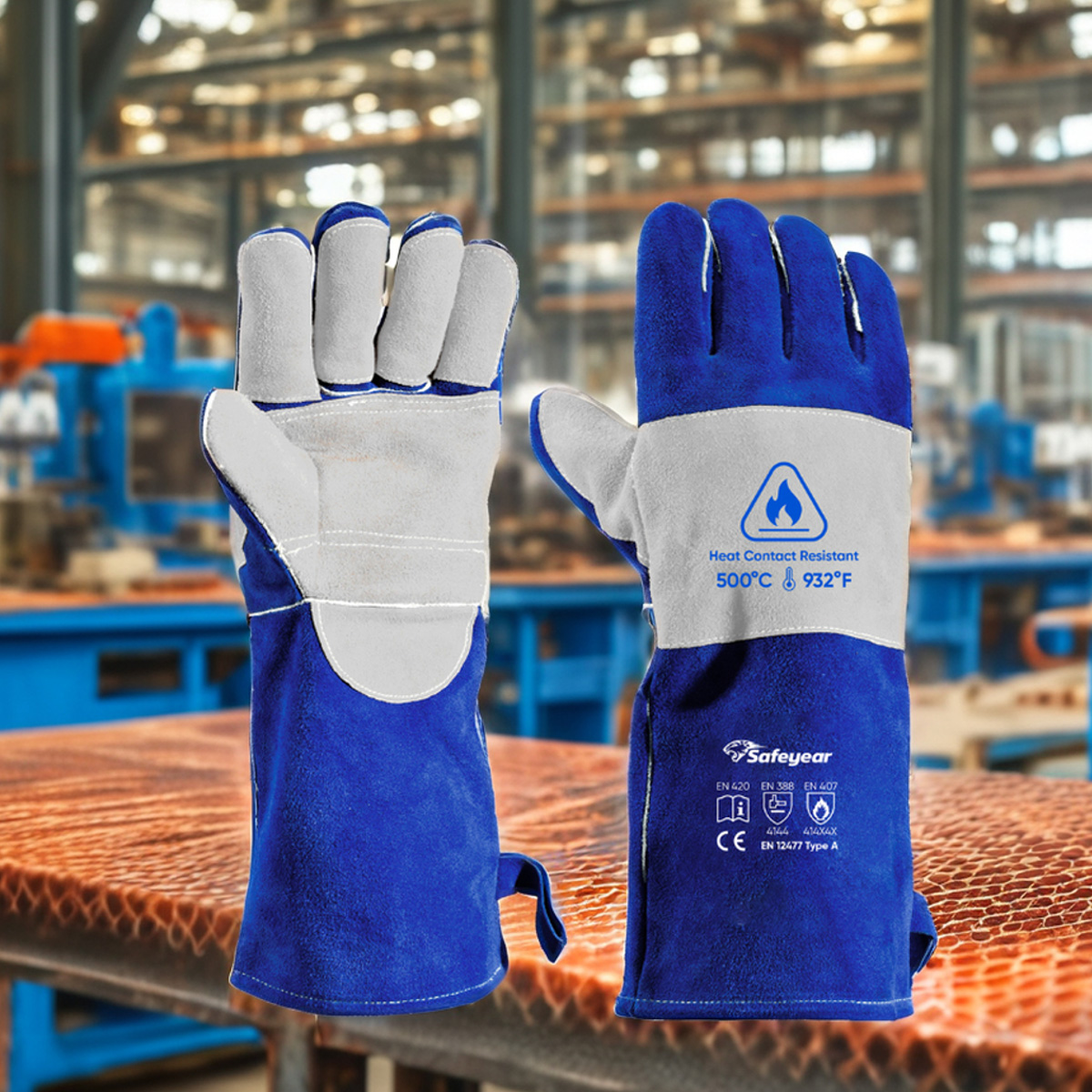 Arc flash pelindung sarung tangan sarung tangan pengelasan kulit sapi kulit fl-1023 biru & abu-abu