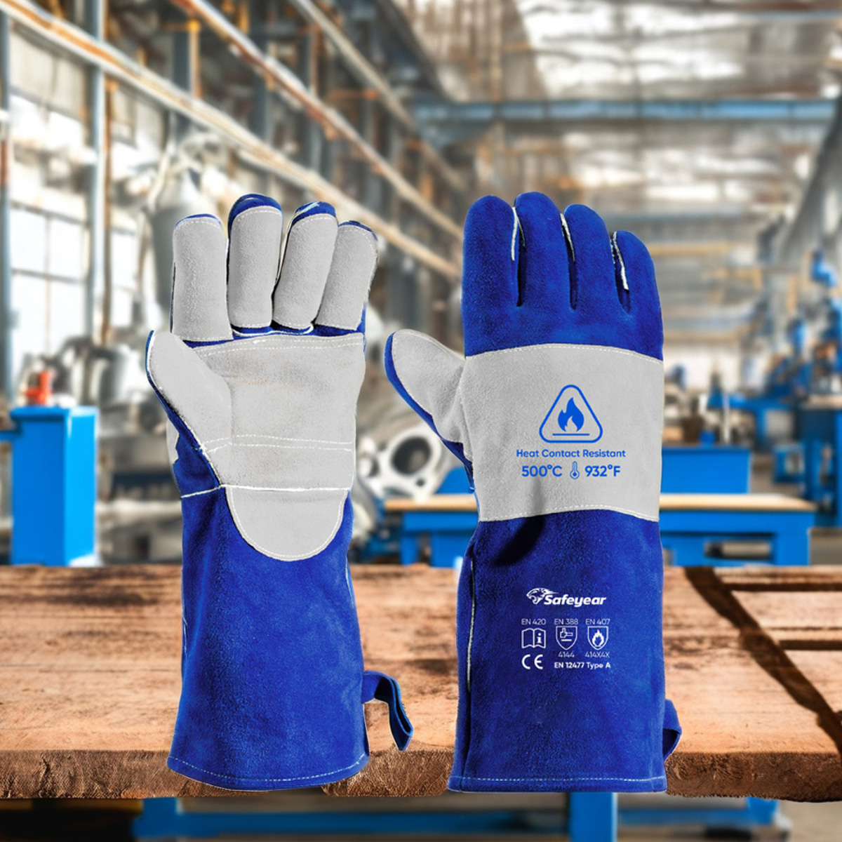 Arc flash pelindung sarung tangan sarung tangan pengelasan kulit sapi kulit fl-1023 biru & abu-abu