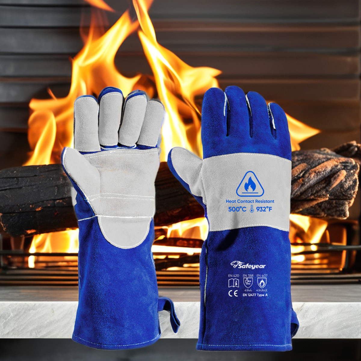 Arc flash pelindung sarung tangan sarung tangan pengelasan kulit sapi kulit fl-1023 biru & abu-abu