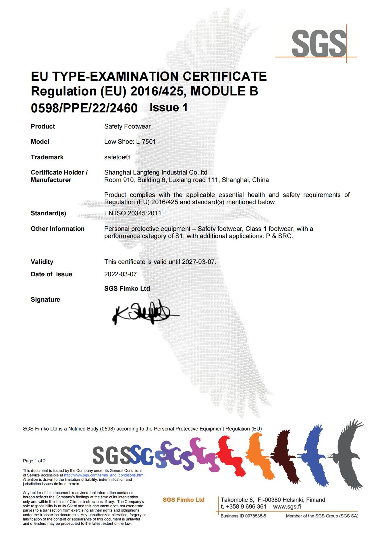 L-7501 Safetoe CE Certificate for Safety Shoes